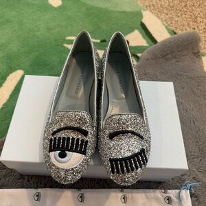 Chiara Ferragni Silver Glitter Eye Loafers